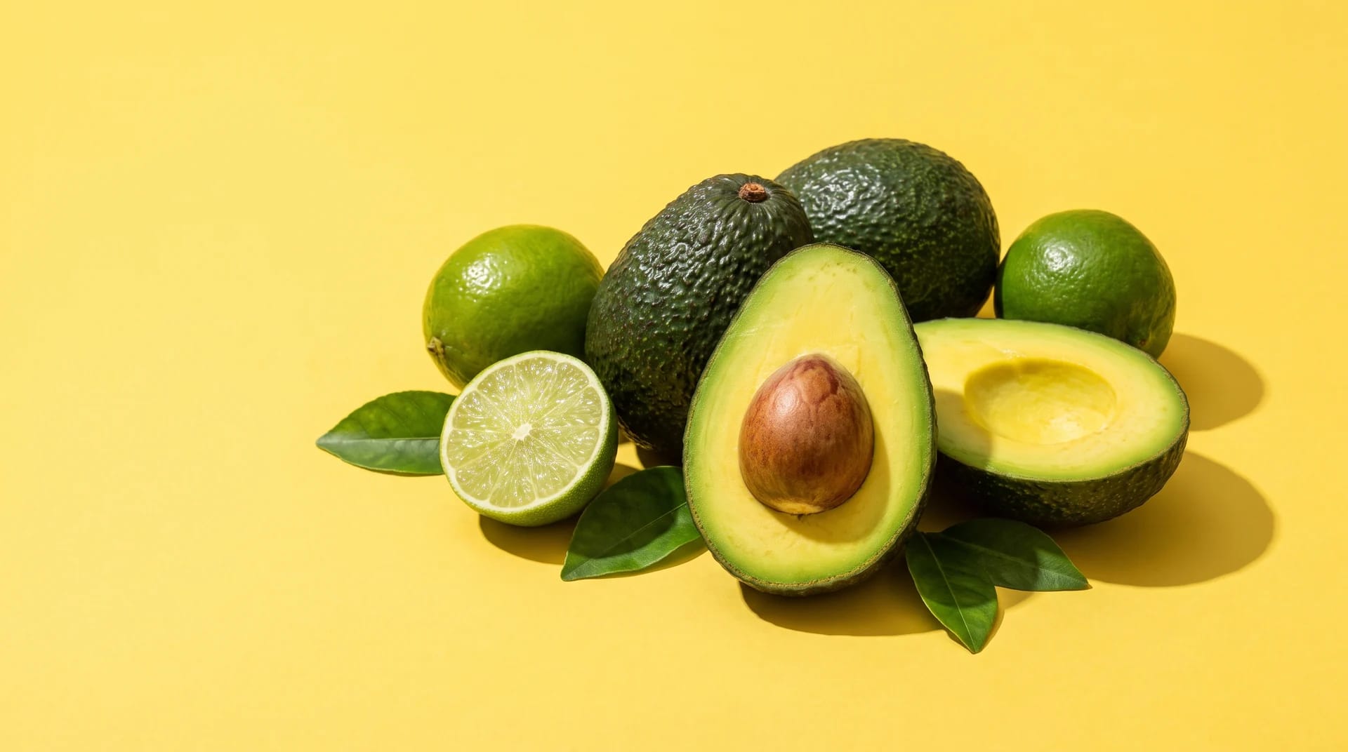 Aguacates Hass y limones frescos sobre un fondo amarillo