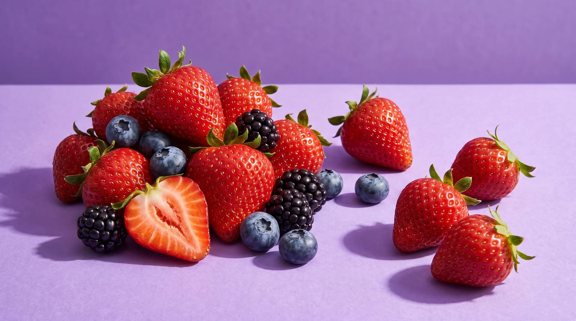Fresas, blueberries y zarzamoras con texturas naturales