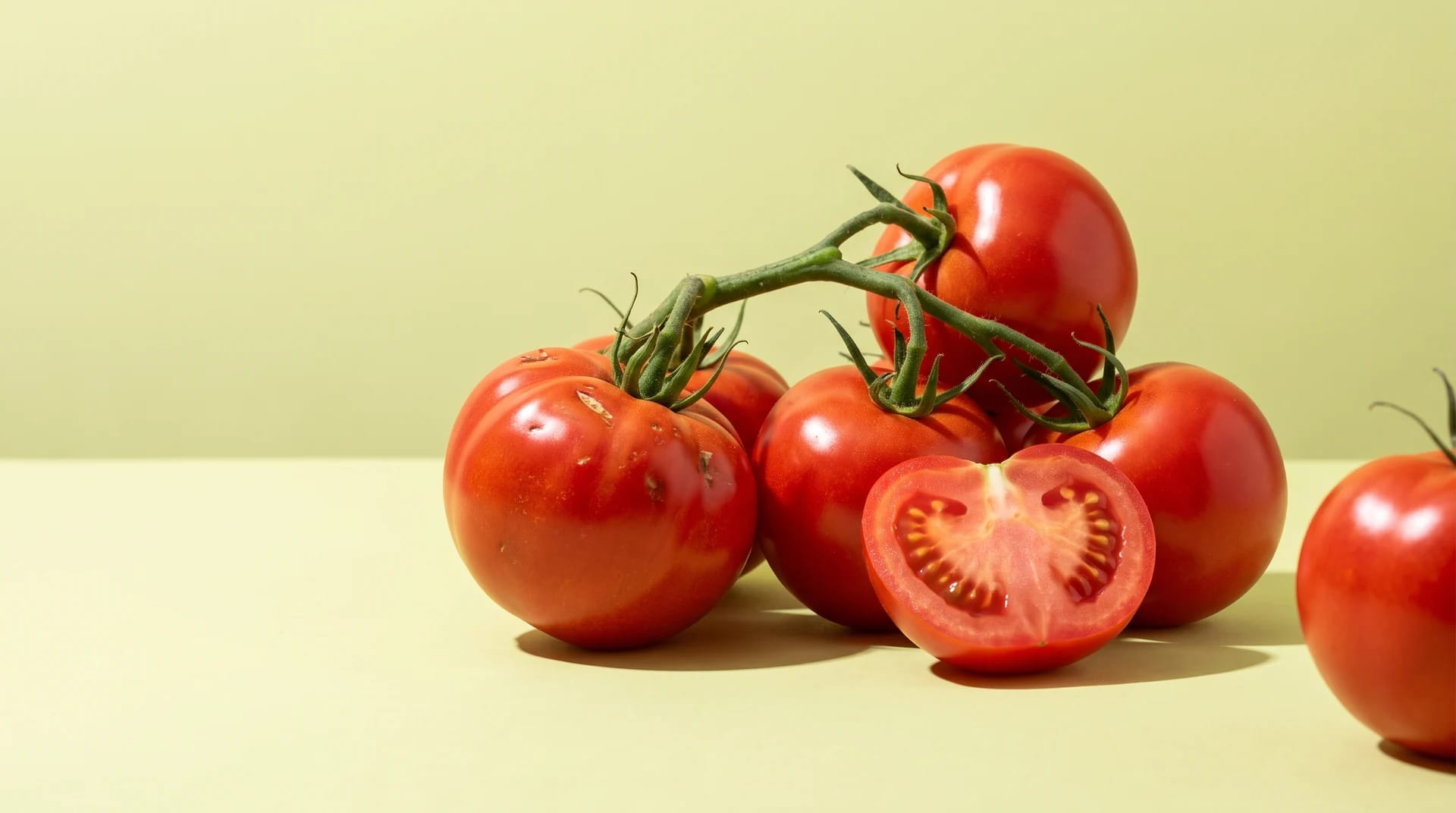 Jitomates rojos en rama y un jitomate partido