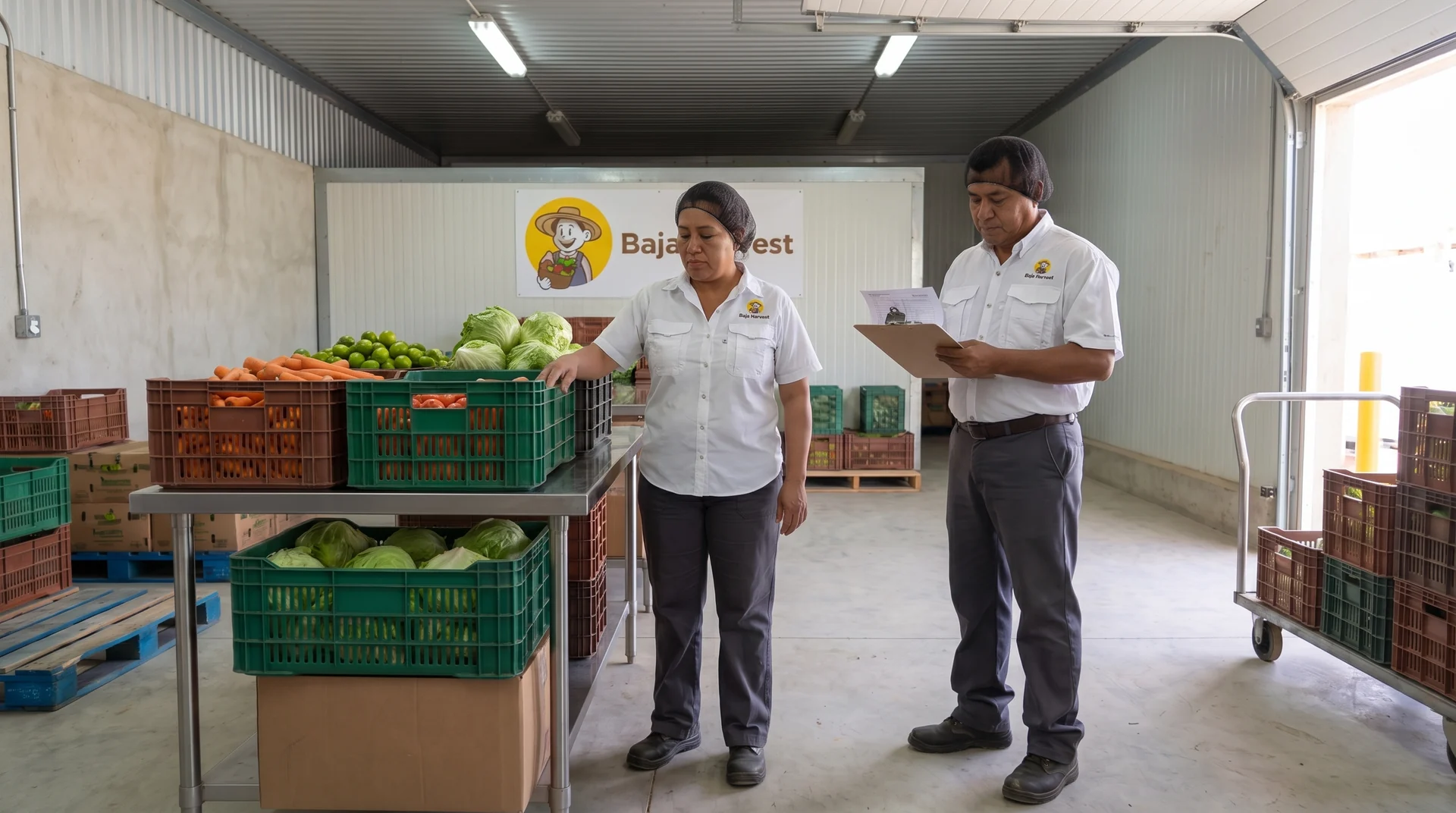 Recreación de preparación de frutas y verduras en bodega con camisas blancas de Baja Harvest